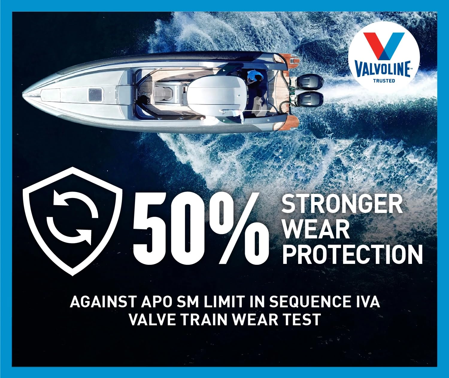 Valvoline marine oil bottle beside boat motor ready for sea lubrication.
