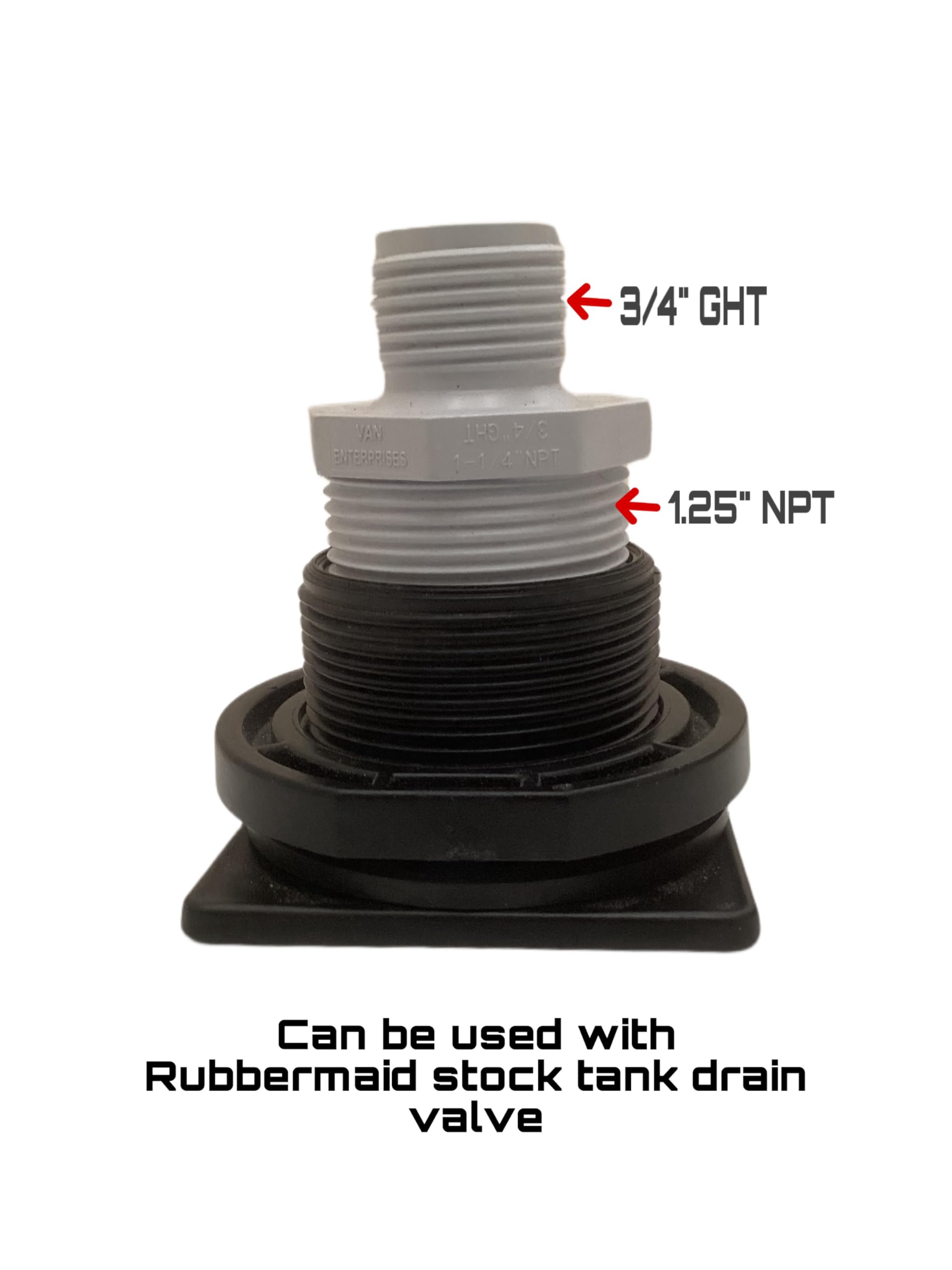 Van Enterprises 1.25 in adapter for flexible pump hose fitting.