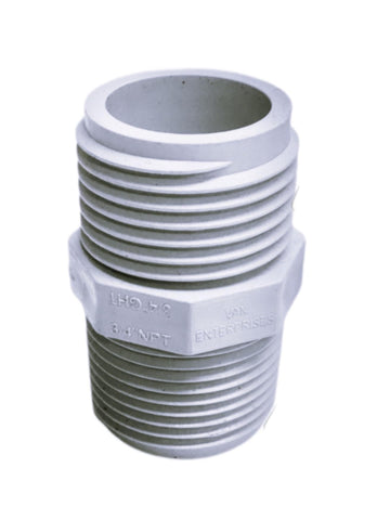 Van Enterprises PVC garden hose adapter closeup showing male NPT connection for secure fittings