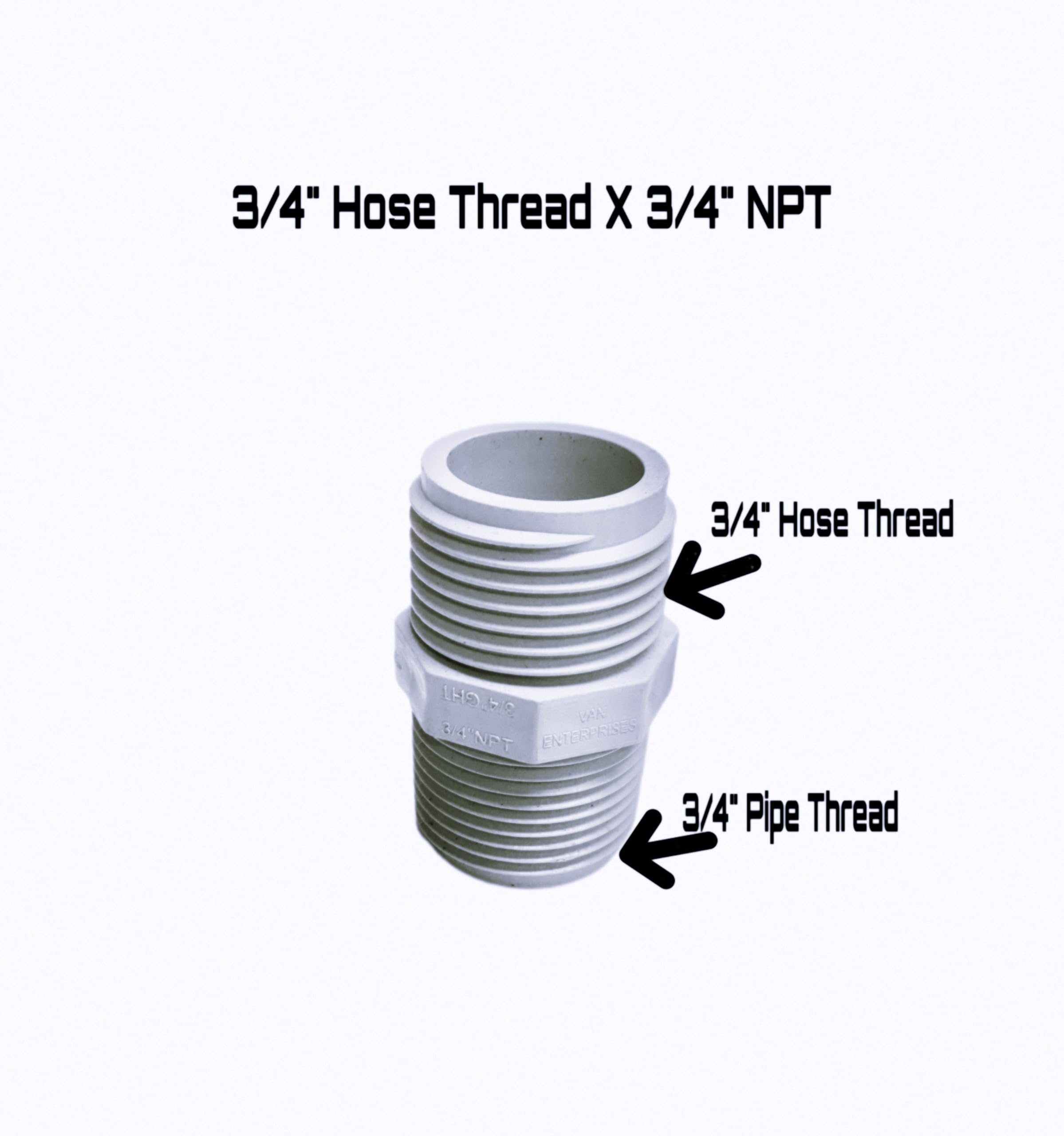 Van Enterprises PVC garden hose adapter demonstrates GHT threading for easy hose attachment