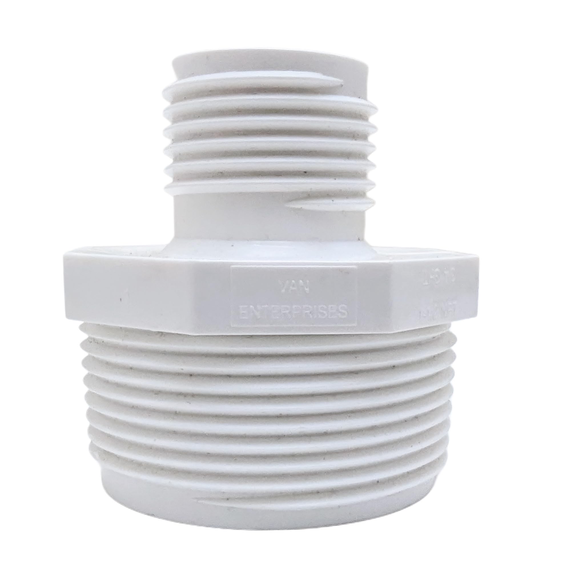 Van Enterprises PVC garden hose adapter with 1.25 in NPT and 3/4 in GHT.