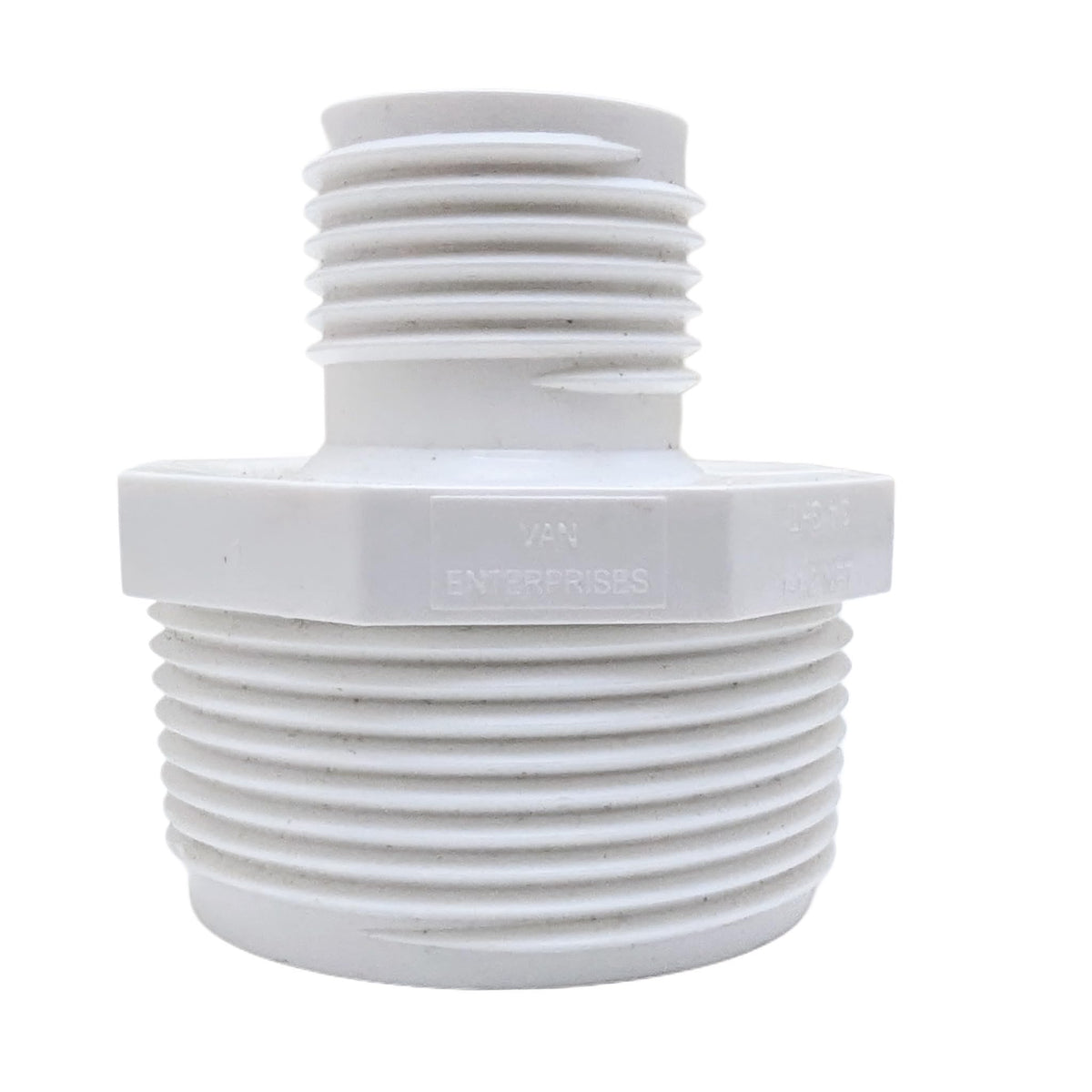 Van Enterprises PVC garden hose adapter with 1.25 in NPT and 3/4 in GHT.