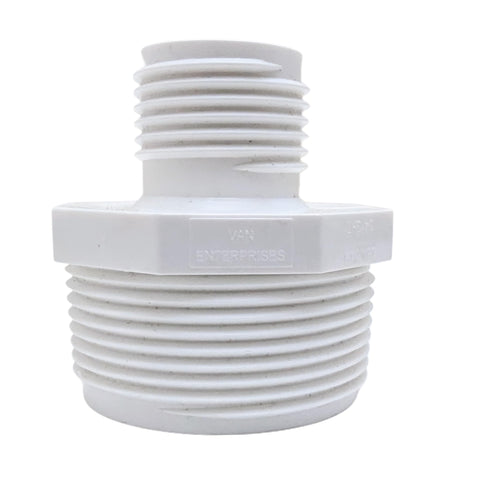 Van Enterprises PVC garden hose adapter with 1.25 in NPT and 3/4 in GHT.