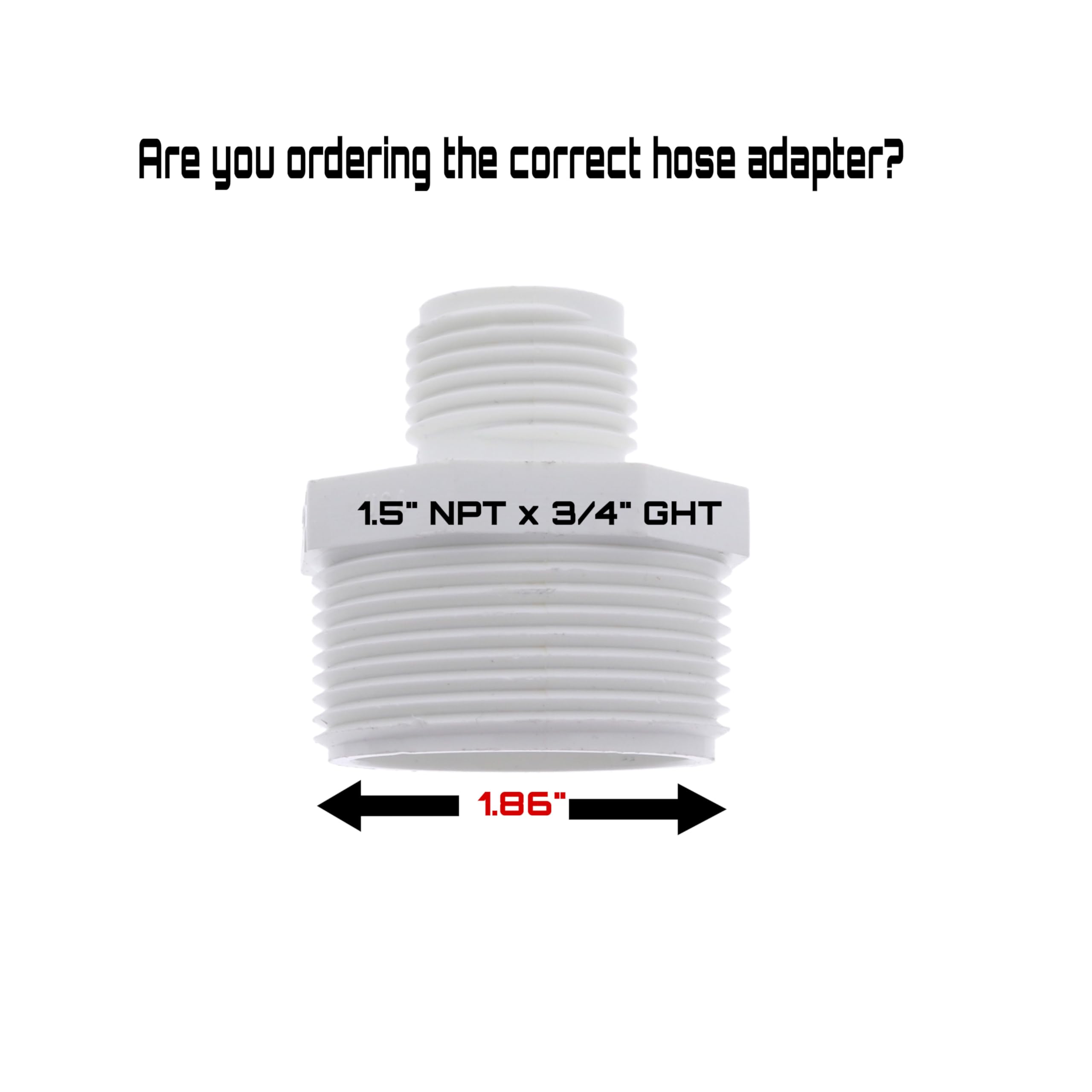 Van Enterprises PVC garden hose adapter shows 1.5 inch NPT male threads for secure pump hookup