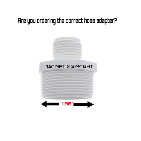 Van Enterprises PVC garden hose adapter shows 1.5 inch NPT male threads for secure pump hookup