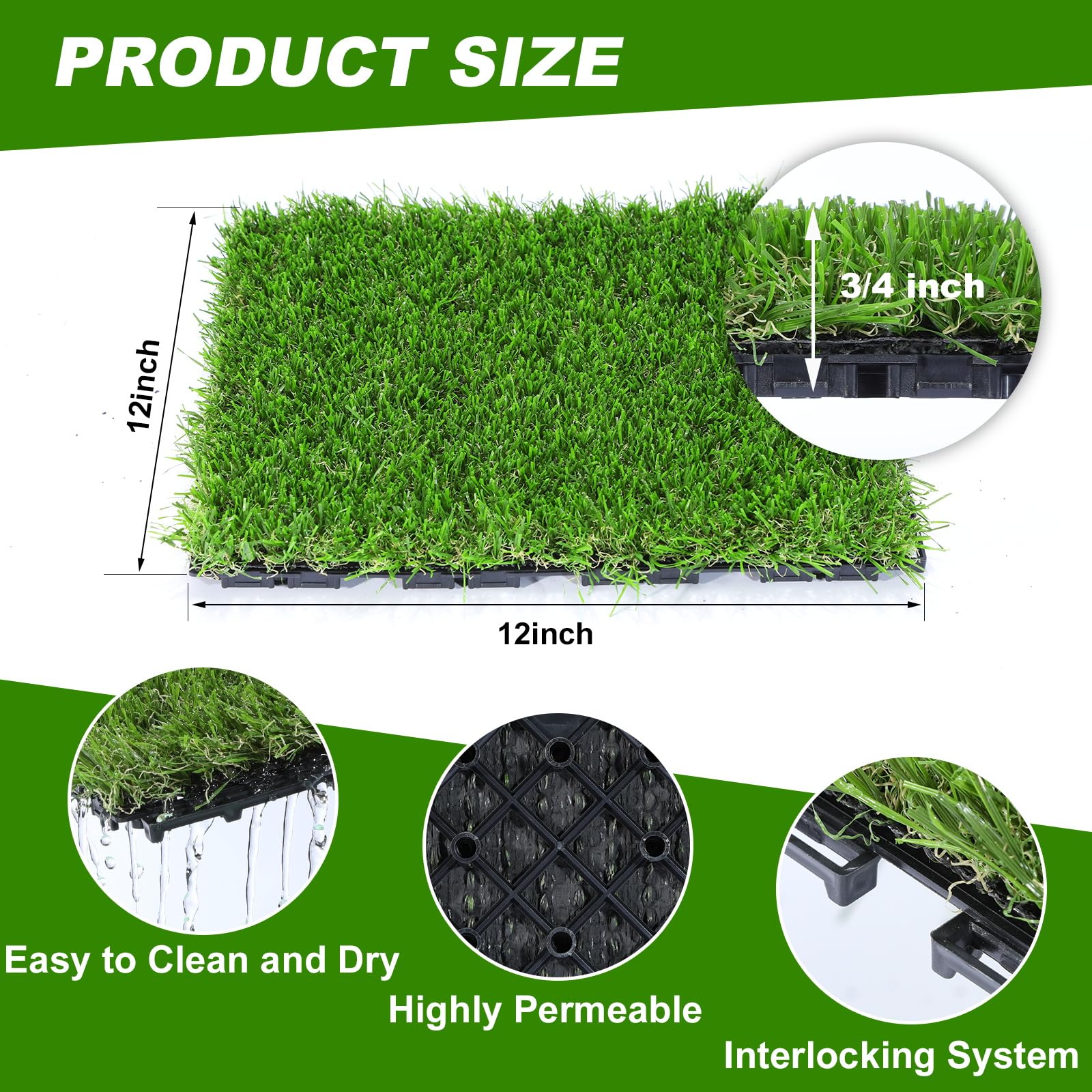 VANCASTLE grass tiles with drainage holes keep decks dry after rain.