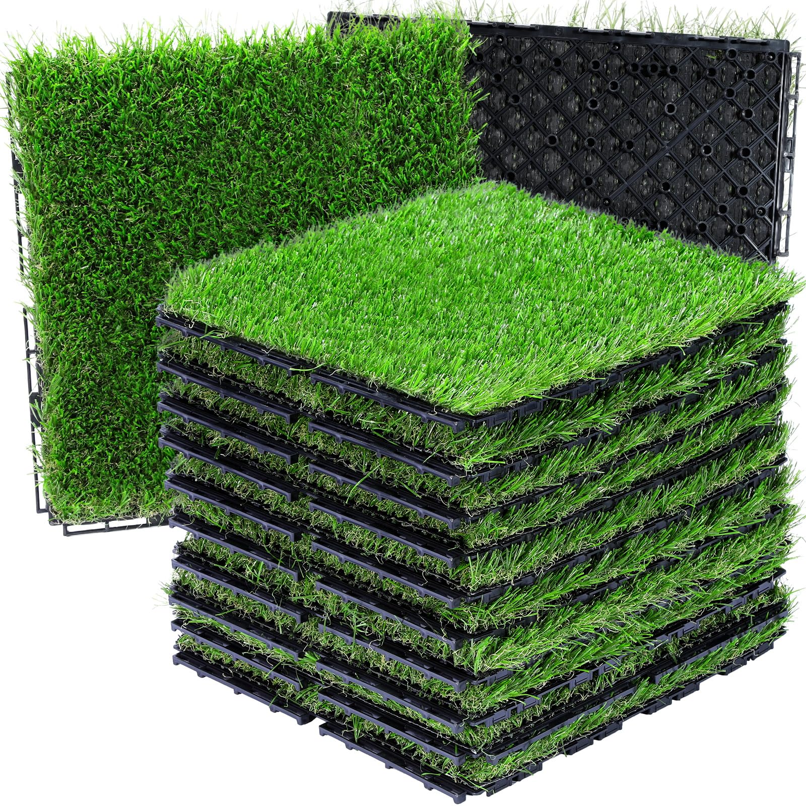VANCASTLE artificial grass tiles interlocking for easy DIY decking and a natural look.