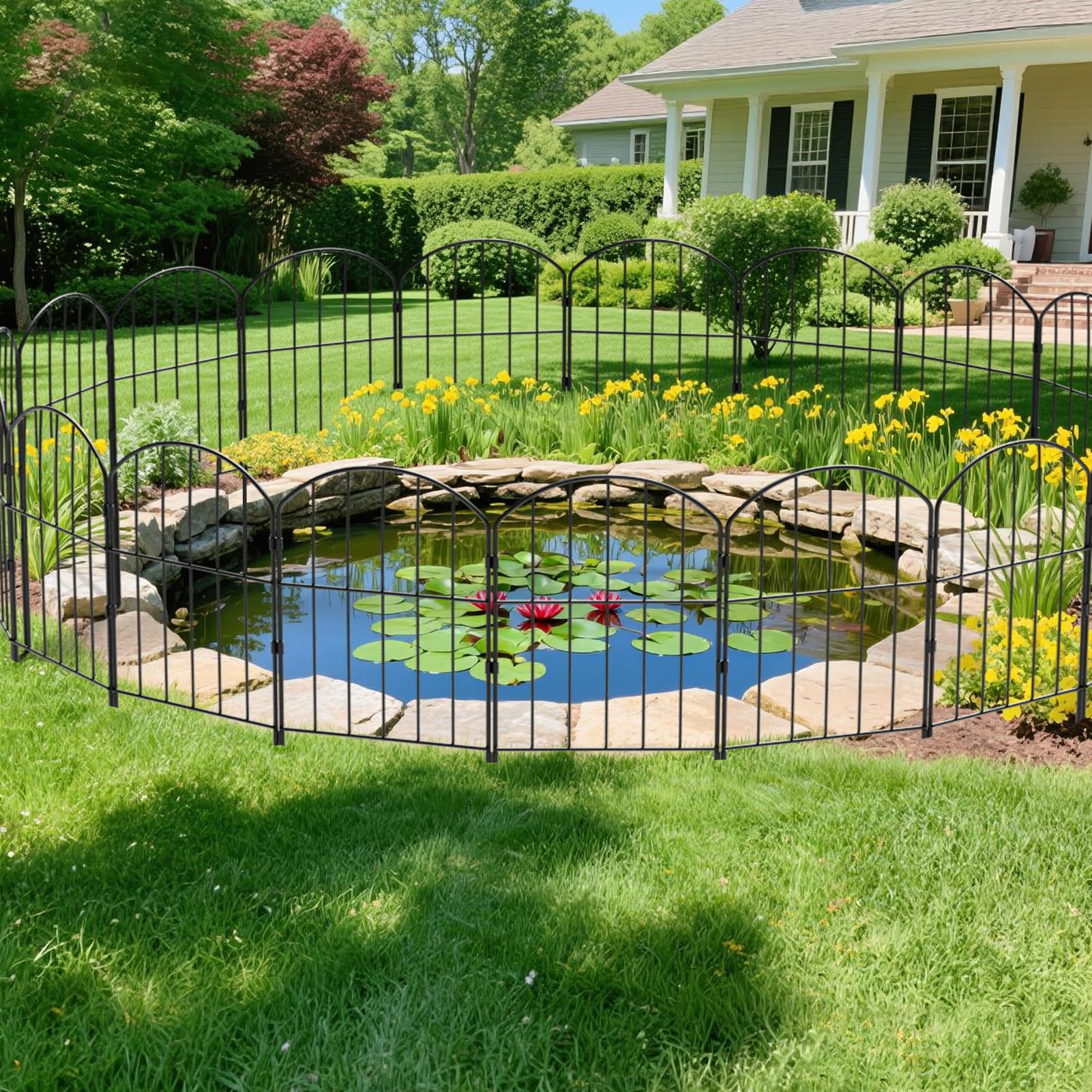 VANCASTLE pond safety fence application around garden features