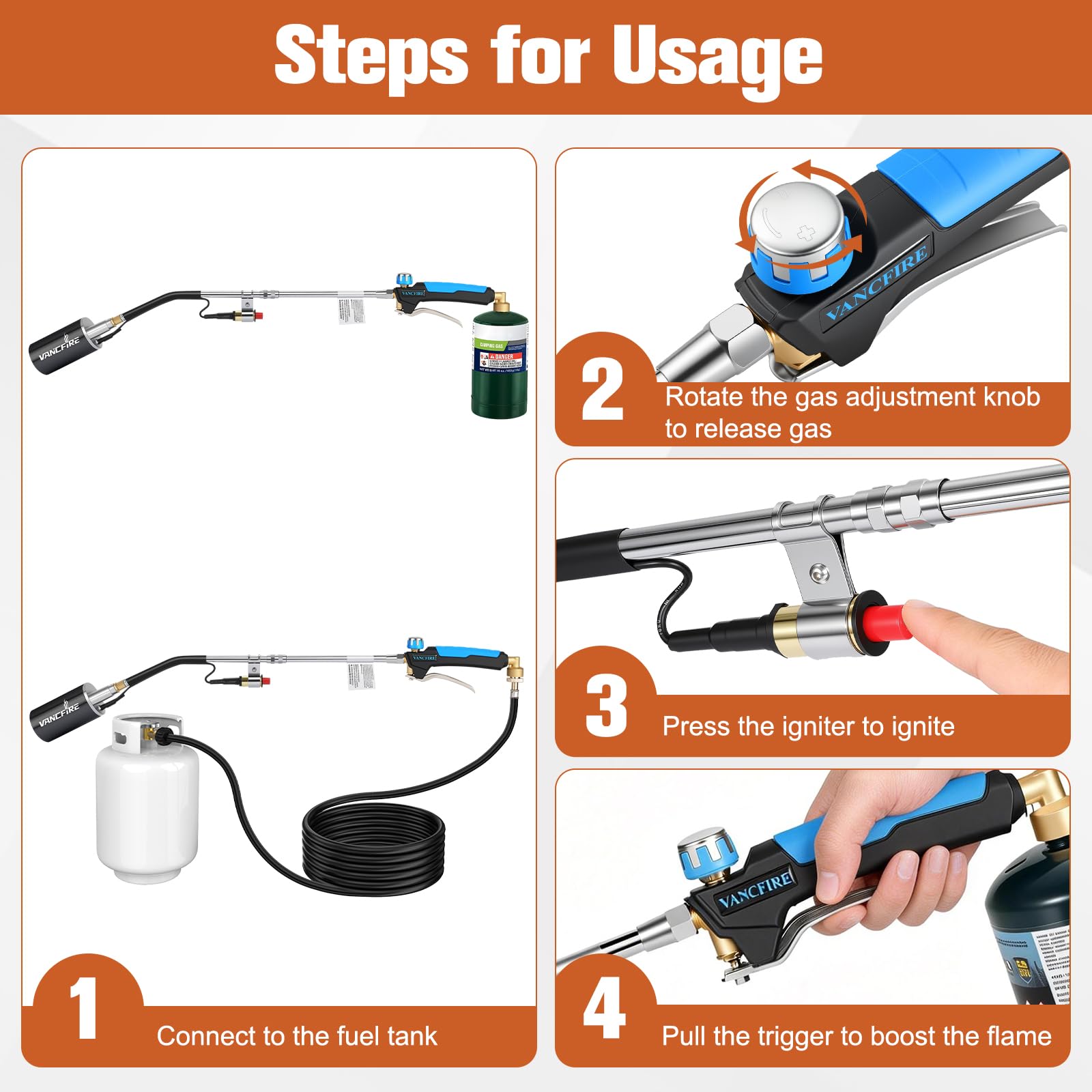 VANCFIRE 10ft hose enables access to larger propane tanks for big projects.