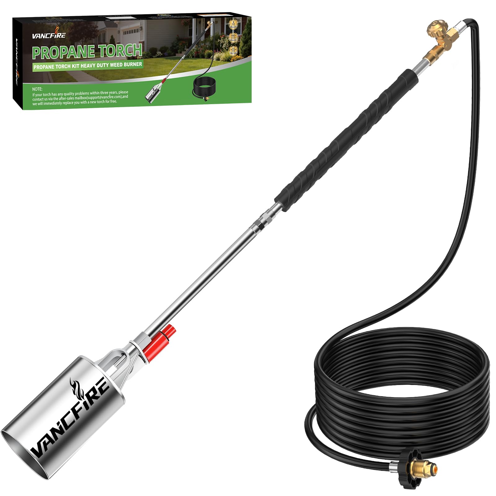 VANCFIRE propane torch with 34-inch extended design for comfortable upright weed burning.
