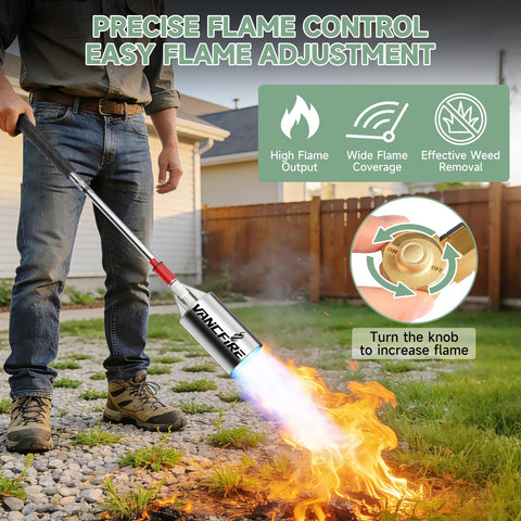 VANCFIRE heat nozzle in durable steel enabling efficient, focused flame for weed removal.