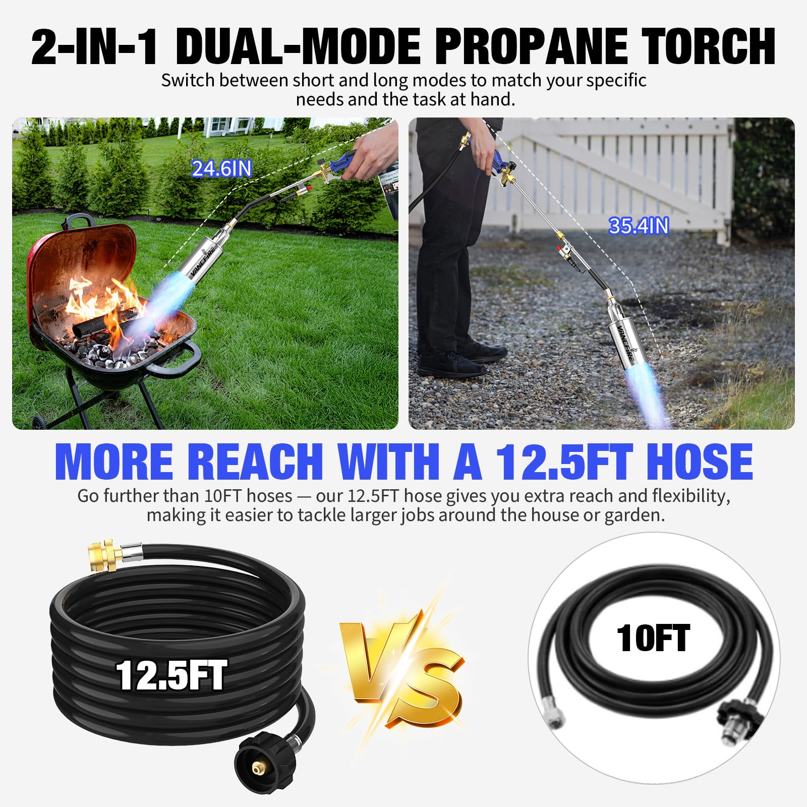 VANCFIRE propane torch long mode enables extended reach for hard to access areas