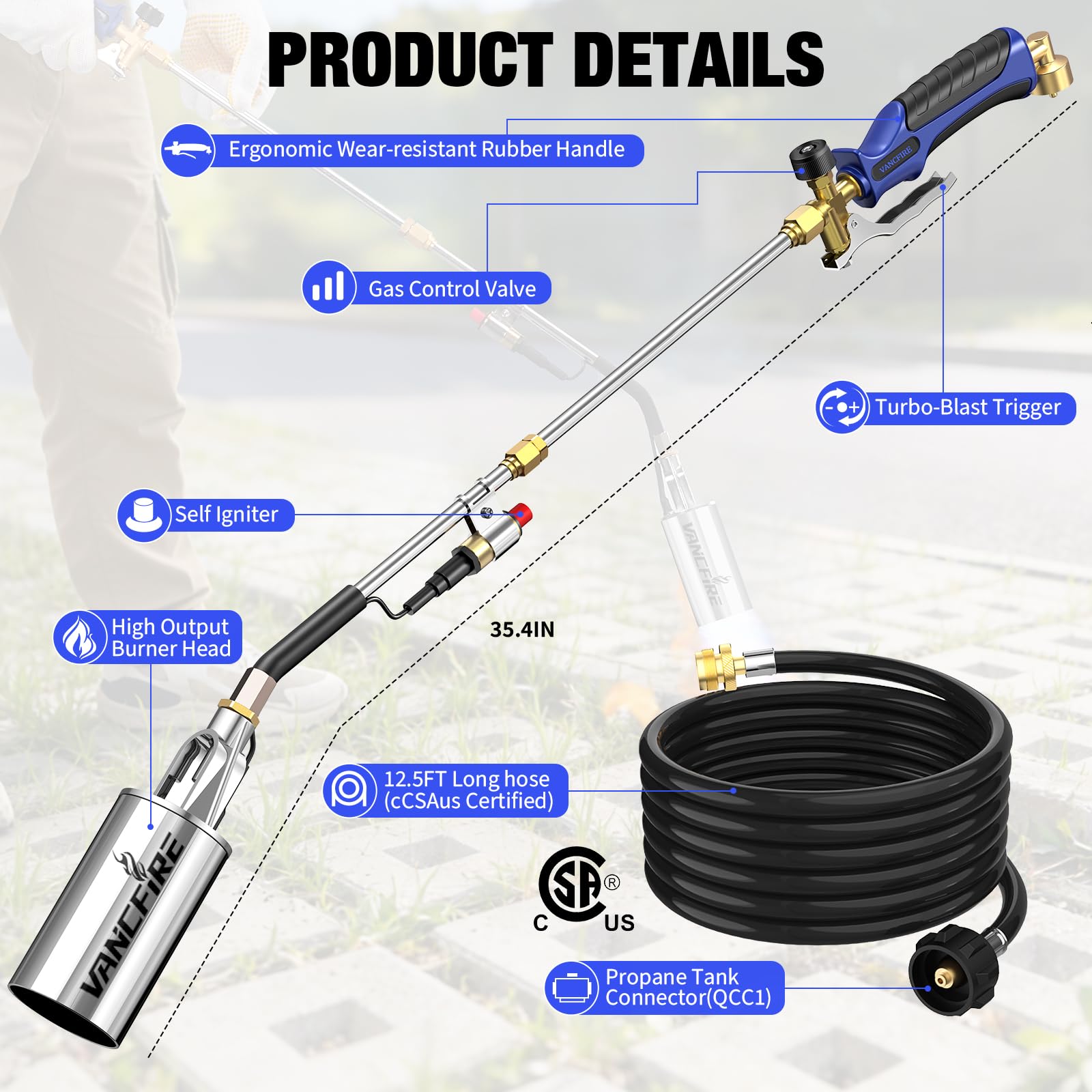 VANCFIRE propane torch turbo trigger provides precise one handed flame control