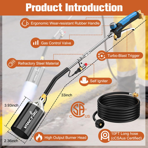 VANCFIRE wide steel nozzle delivers strong flame for fast weed burning.