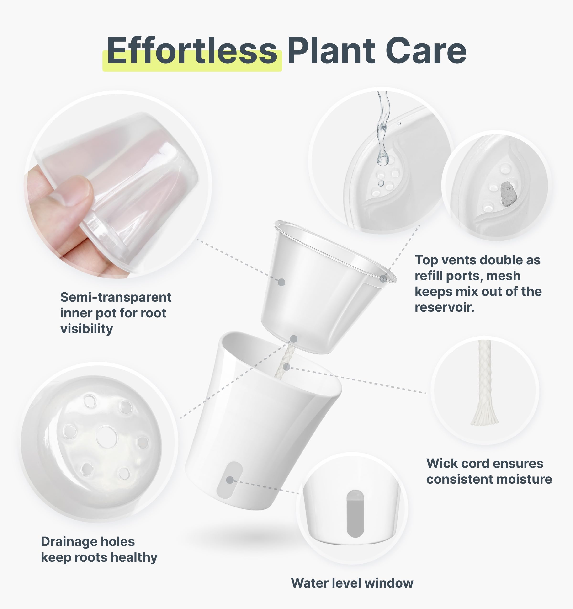 Vandorelle self-watering pot shows drainage holes for healthy moisture management.
