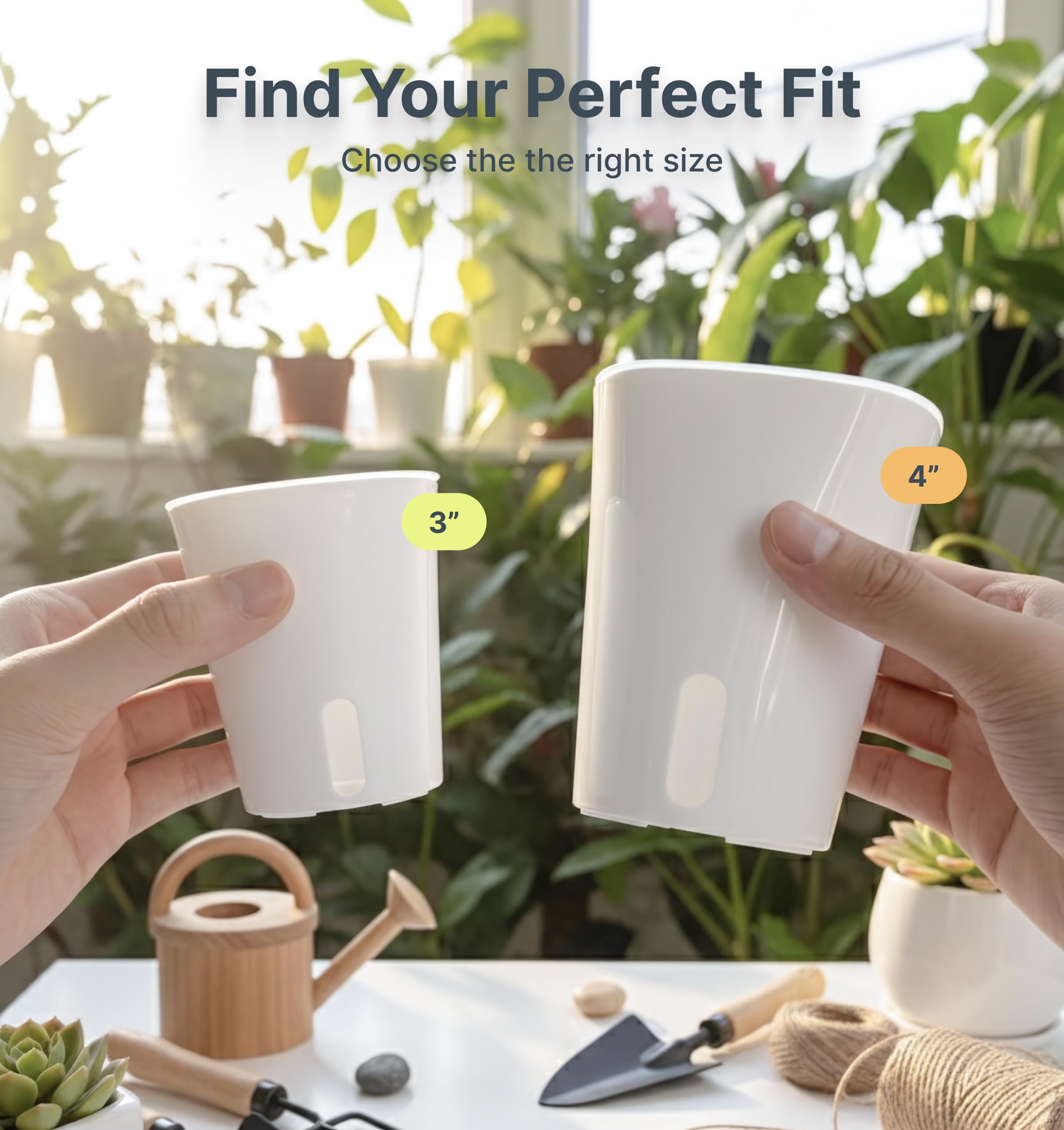 Vandorelle pots on a sunny windowsill demonstrating compact shelf use.