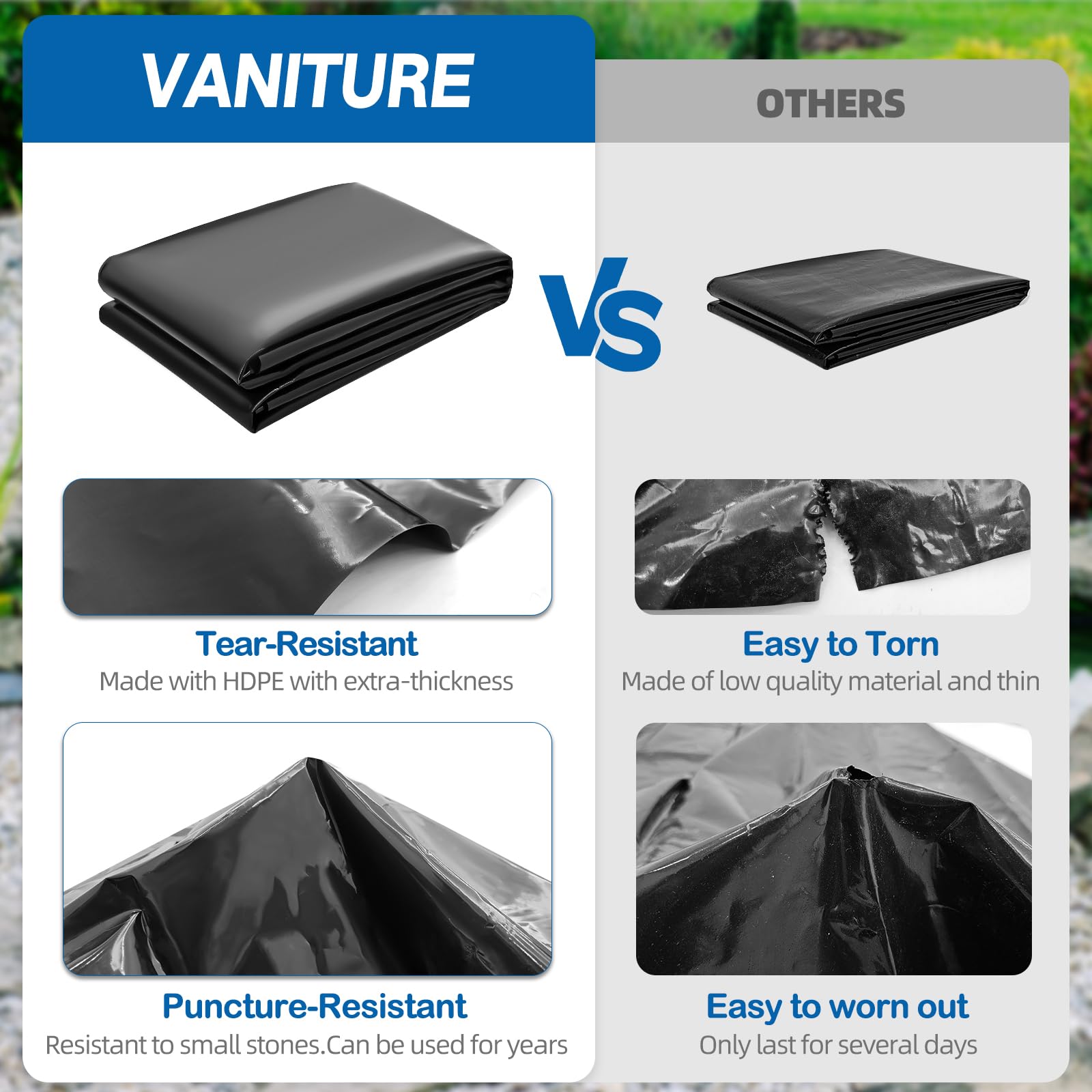 VANITURE easy-cut liner being trimmed demonstrates simple fit for irregular pond shapes