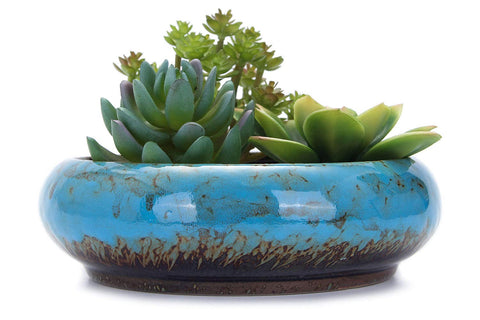 VanEnjoy 7.3-inch round blue glaze planter front view for elegant succulent displays.