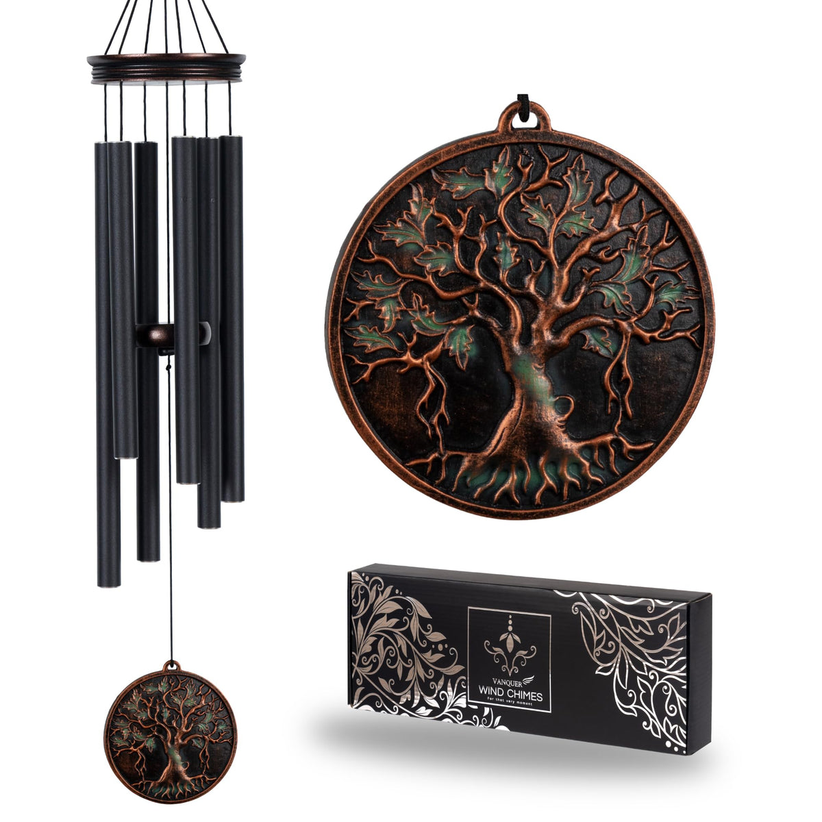 Vanquer Large Wind Chimes outdoors with tree-of-life design for deep outdoor ambiance