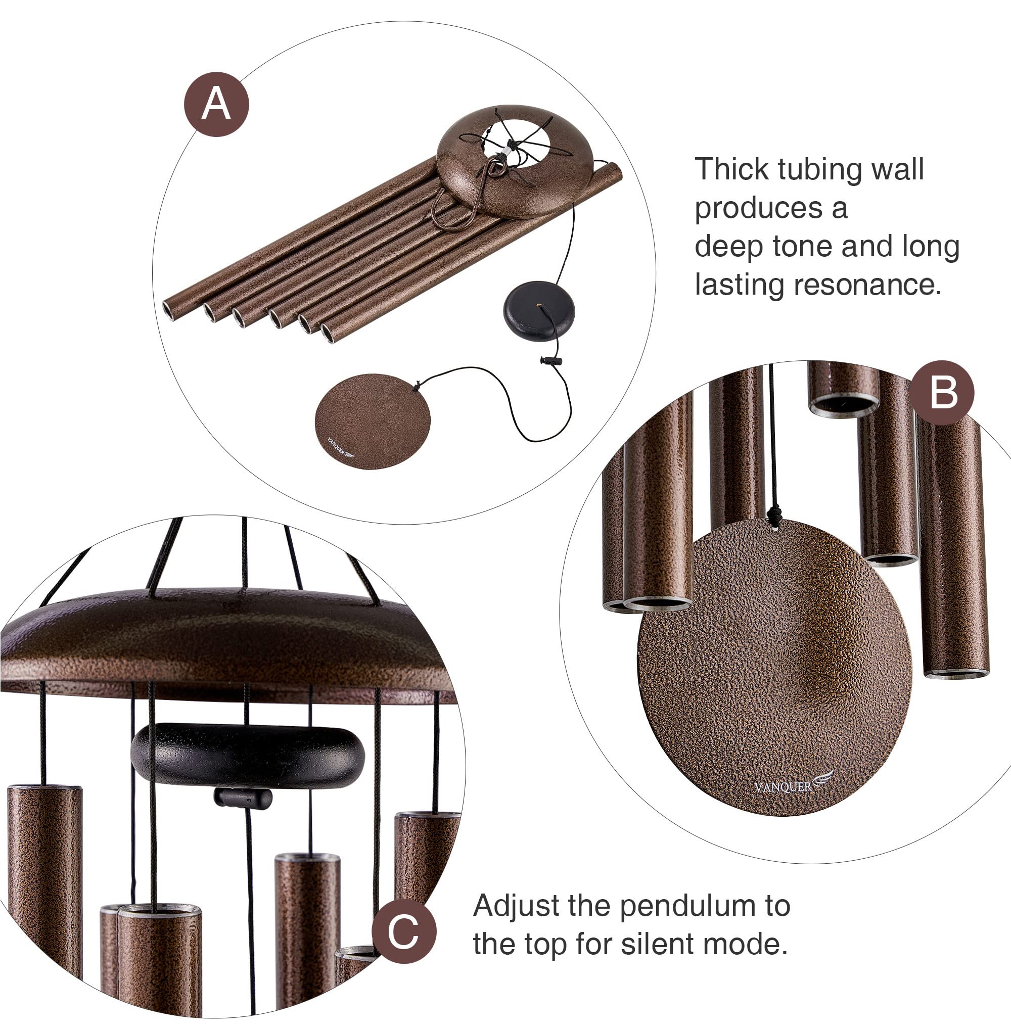 Vanquer wind chimes with anodized aluminum tubes for weather resistance.