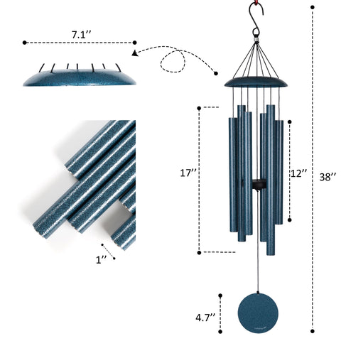 Close-up of Vanquer wind chimes blue gloss and tuned aluminum tubes for deep tone.