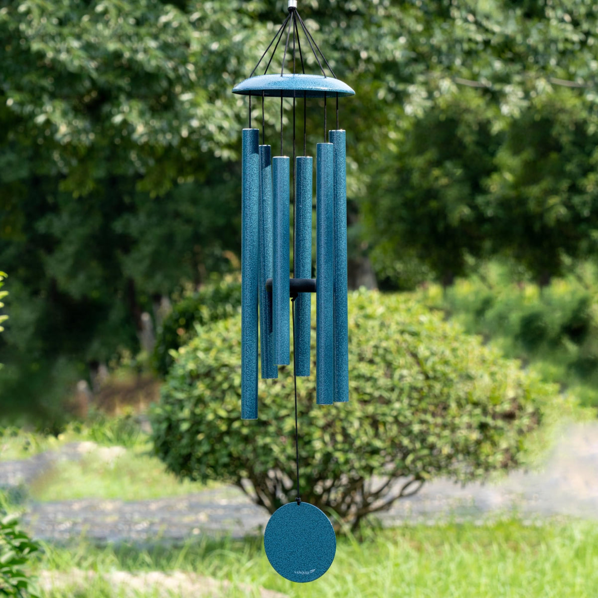 Vanquer Wind Chimes outdoor deep tone 38in blue finish enhancing garden ambience.