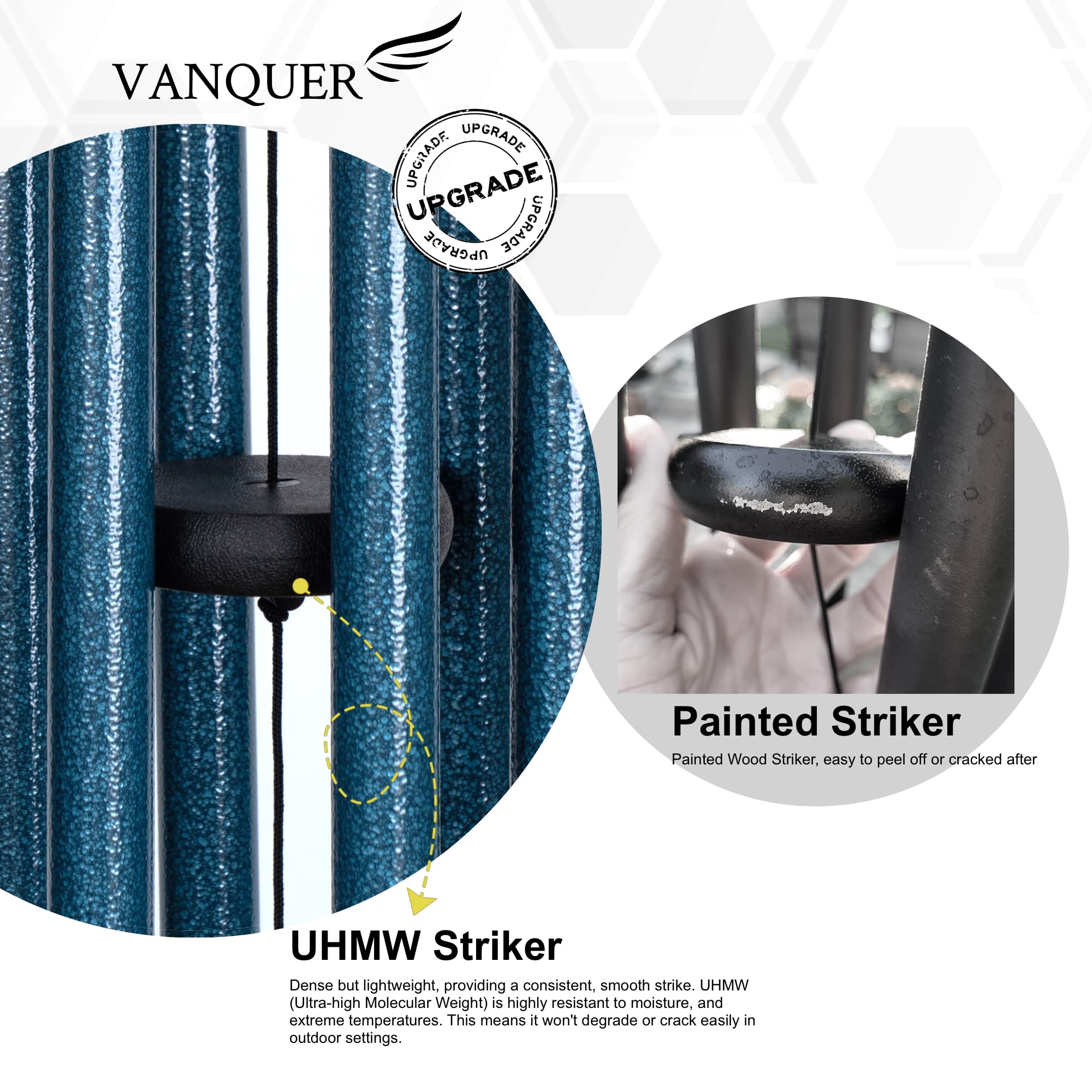 Blue Vanquer wind chimes decorate yard while withstanding heat and humidity.