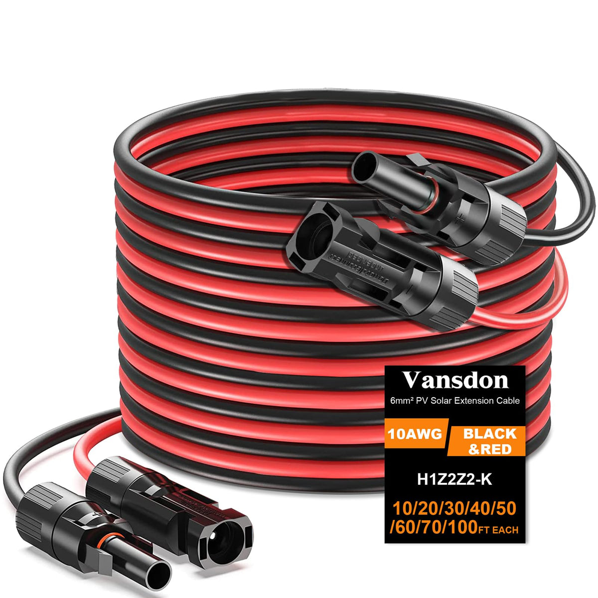 Vansdon 30ft red solar cable with connectors for outdoor charging efficiency