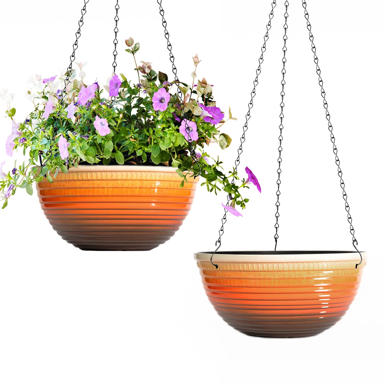 Vanslogreen 10-inch glazed orange hanging planter for indoor or outdoor use.