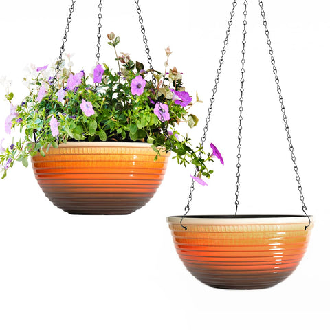 Vanslogreen 10-inch glazed orange hanging planter for indoor or outdoor use.