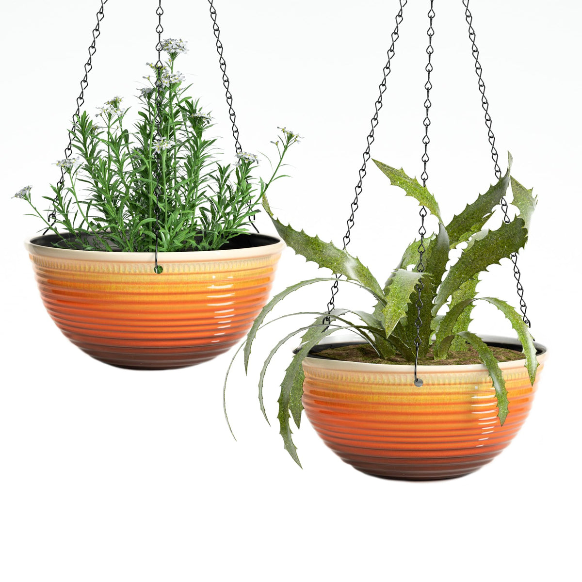 Vanslogreen 12-inch hanging planter with glazed orange finish for stylish indoor or outdoor use.