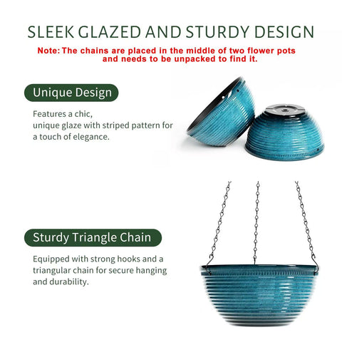 Vanslogreen glazed blue planter shows drainage holes and plugs for flexible plant care.