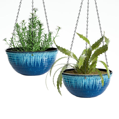 Vanslogreen 12-inch hanging planter in blue flow glaze for chic indoor decor.