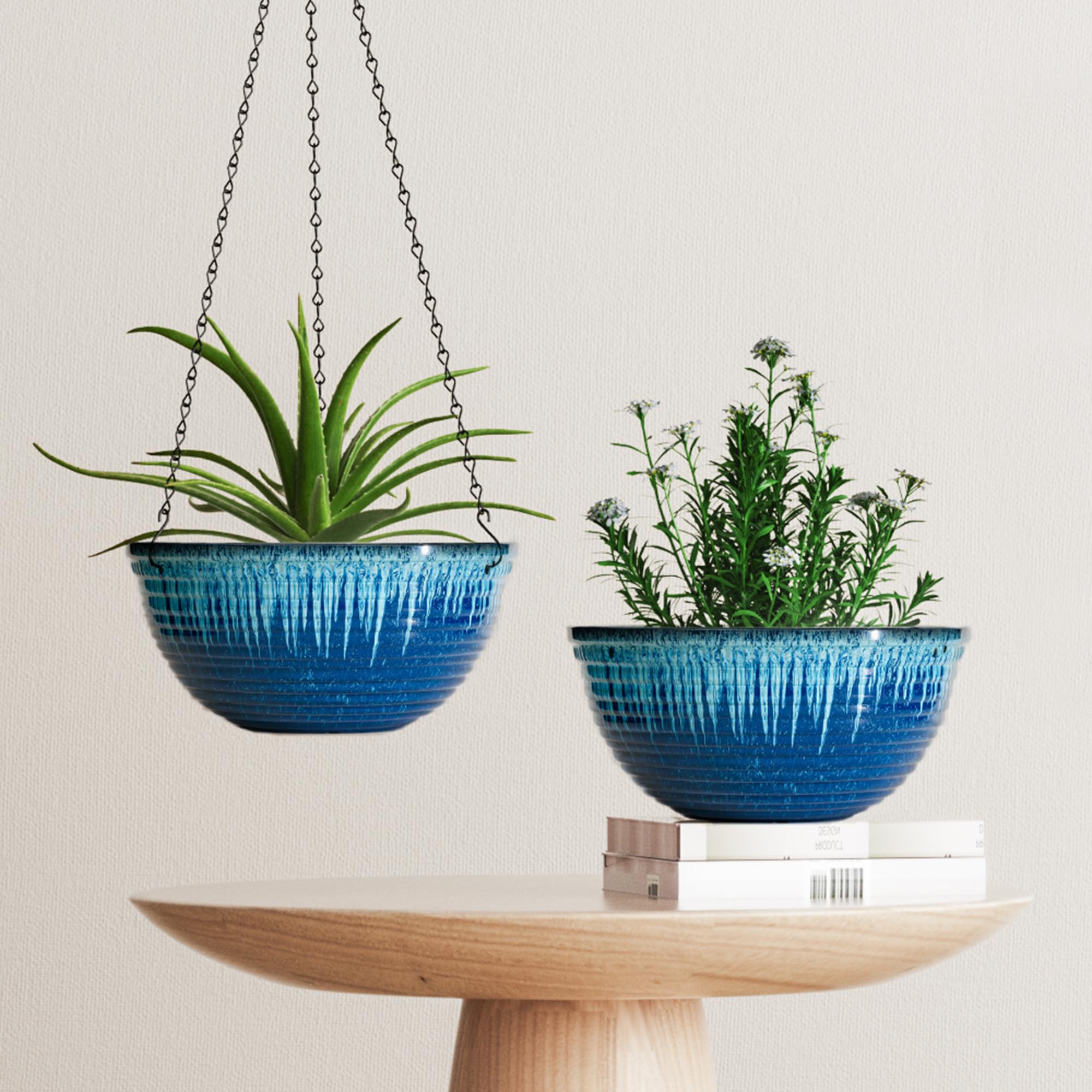 Outdoor setup with Vanslogreen blue flow glaze planter.