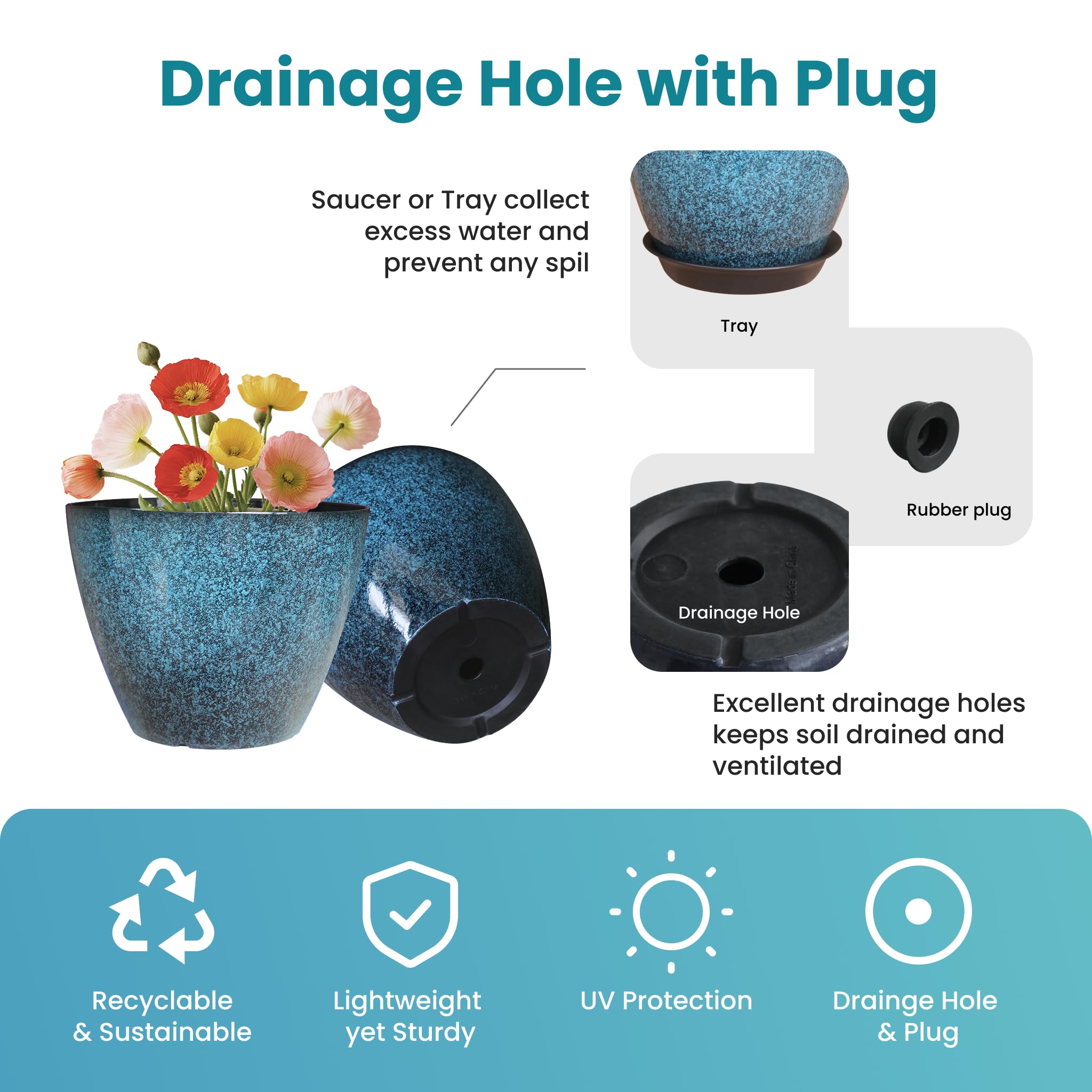 Vanslogreen drainage-hole saucer keeps surfaces clean and helps prevent overwatering