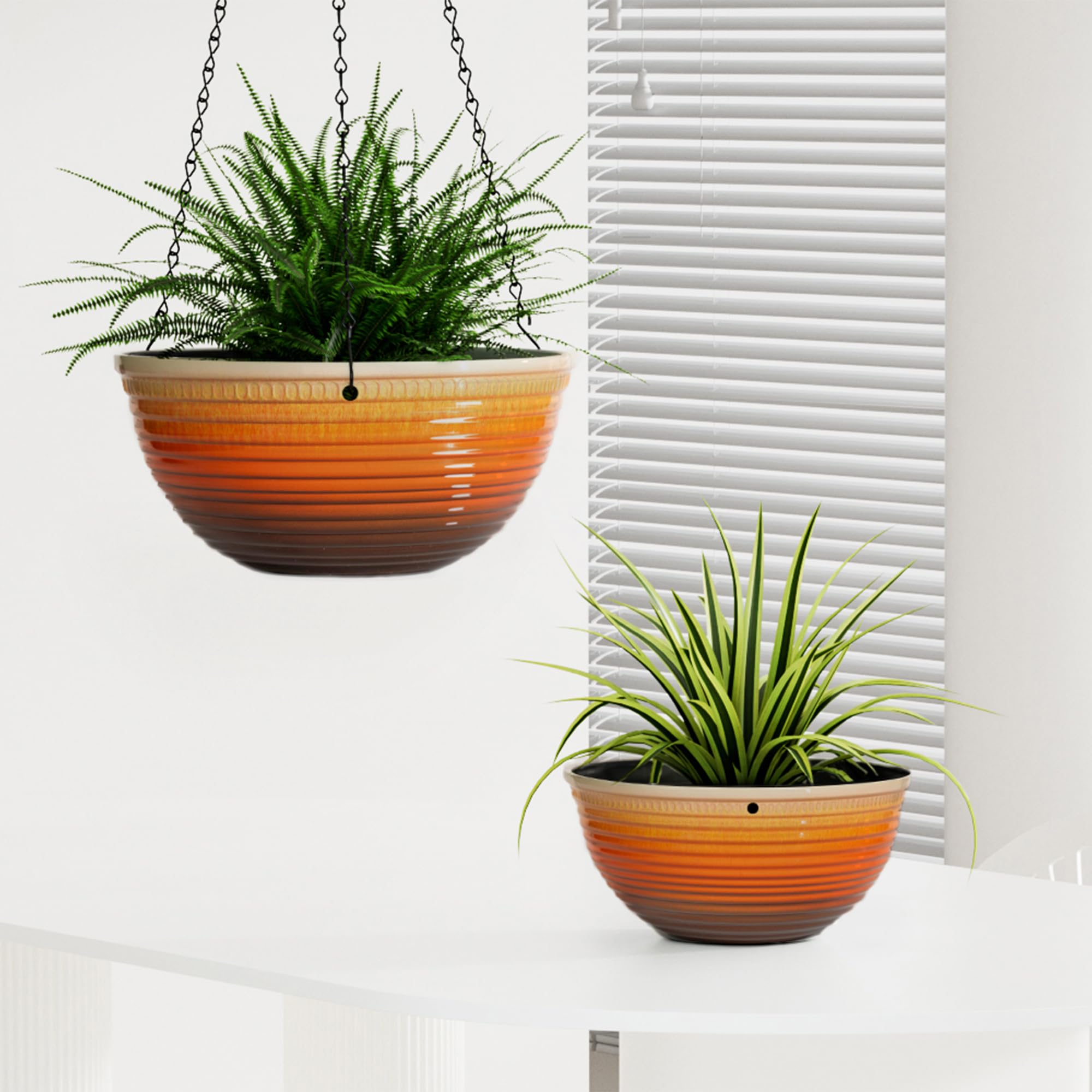 Vanslogreen glazed hanging basket enhances patio decoration.