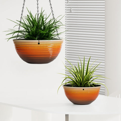 Vanslogreen glazed hanging basket enhances patio decoration.