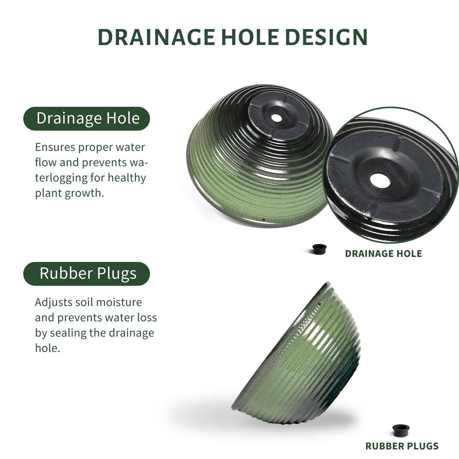 Vanslogreen planter with drainage holes and plugs for drainage control.