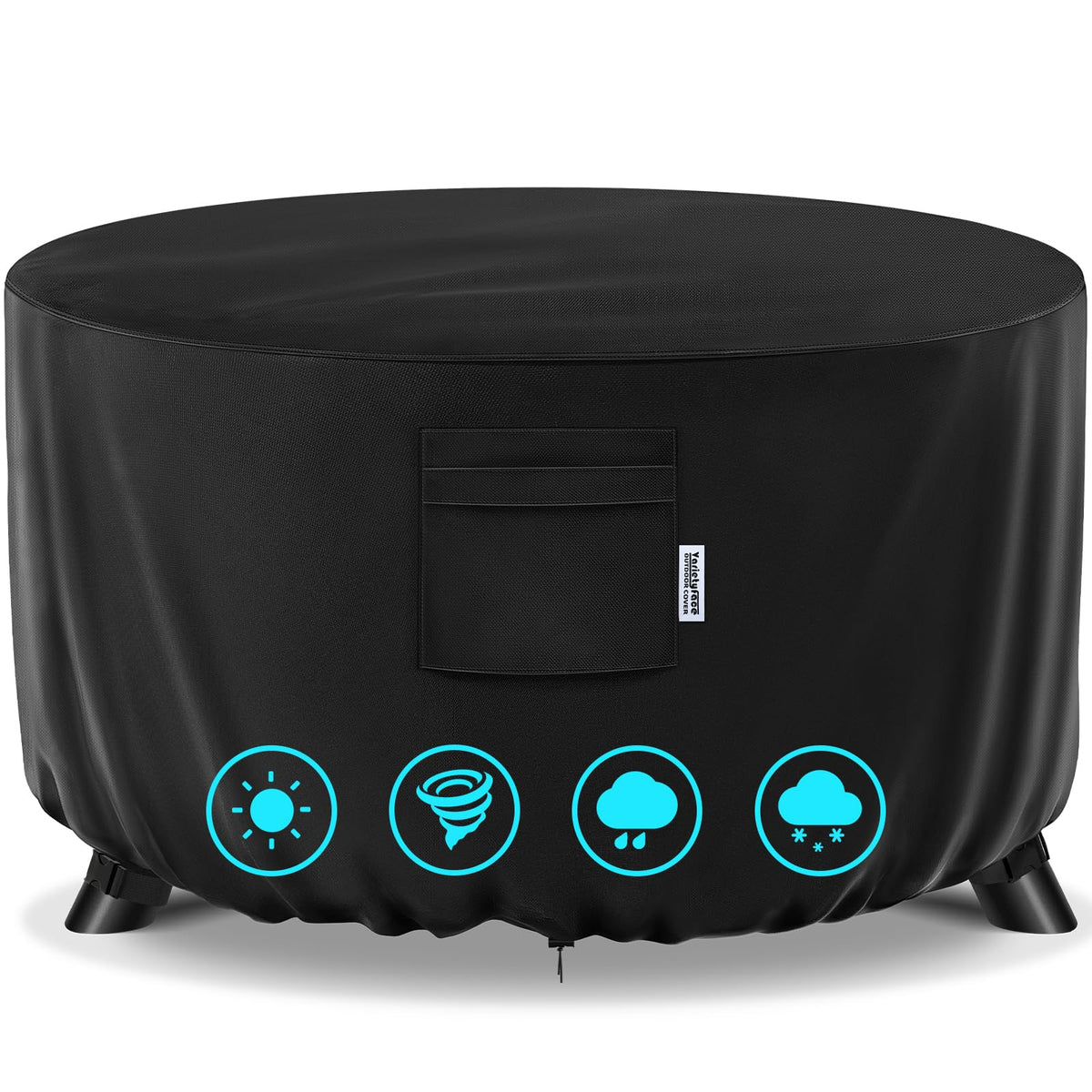 Varietyface 36-inch round fire pit cover with secure buckle straps for wind resistance.