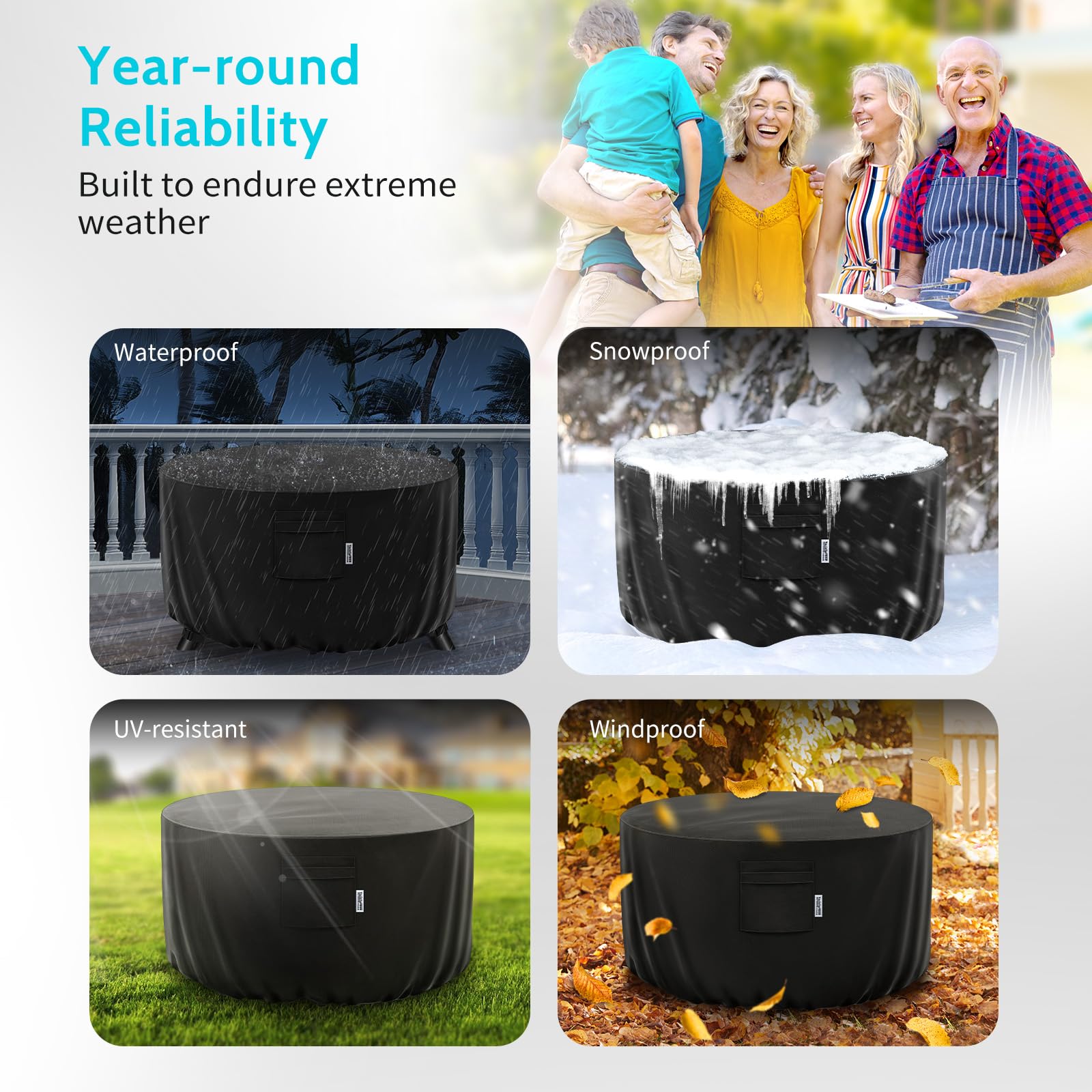 Varietyface waterproof Oxford fabric cover protects fire pit from rain and sun.