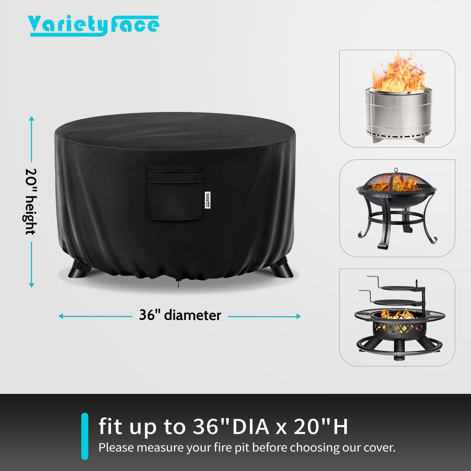 Varietyface round fire pit cover with drawstring for a snug fit.