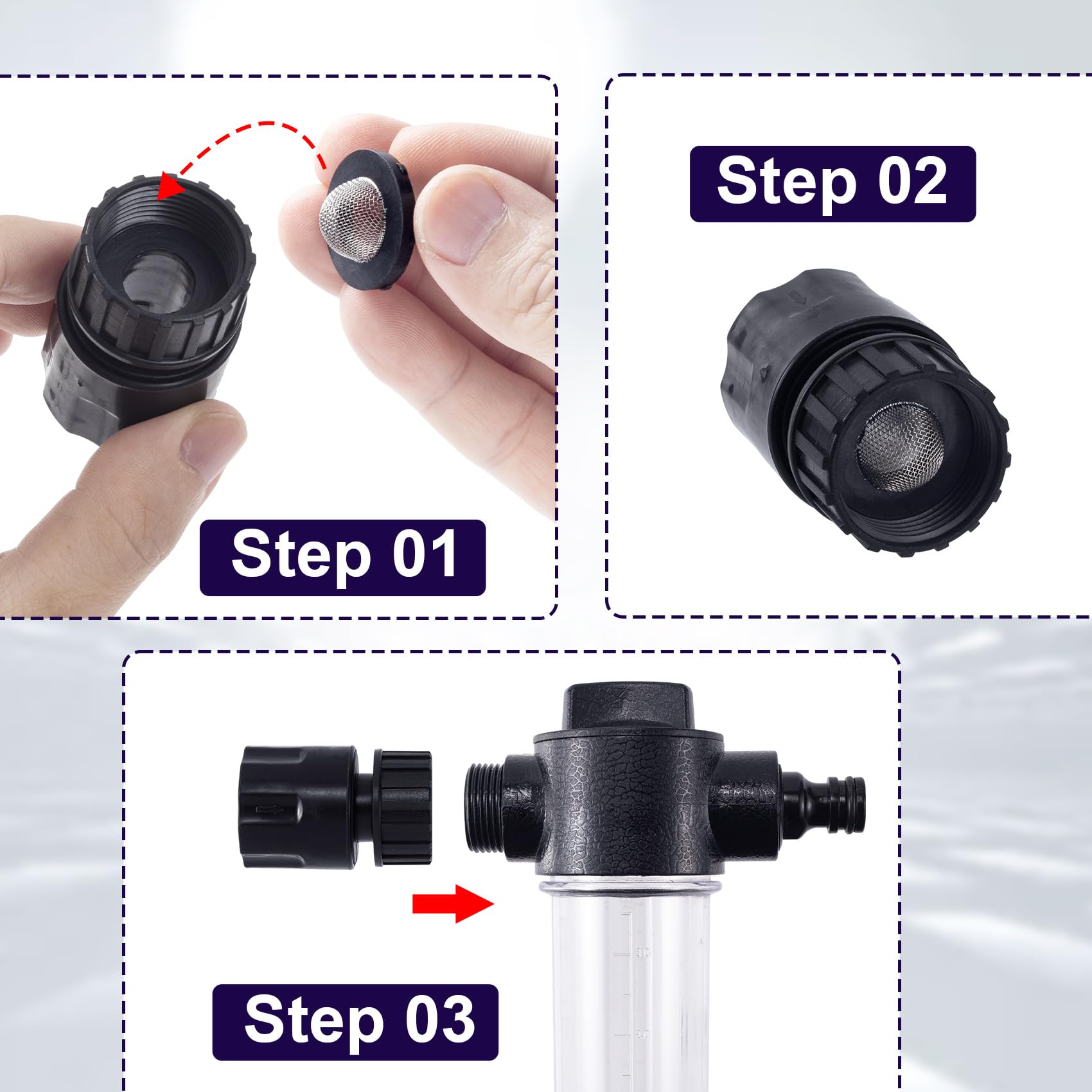 VARMDUKKE garden hose connector filter blocks sand and debris during use