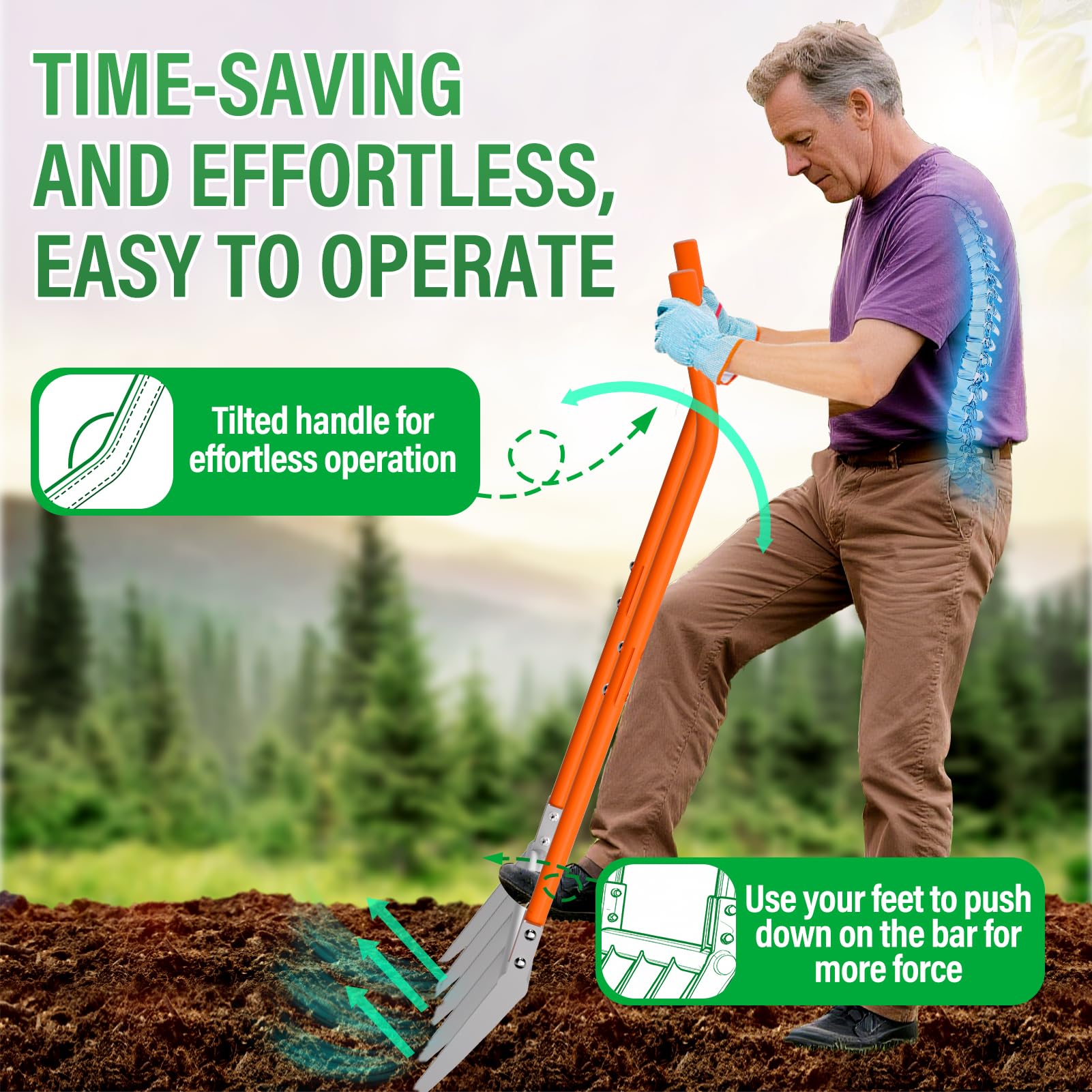 VASALAID broadfork powder coated tines resist soil adhesion for easy cleaning