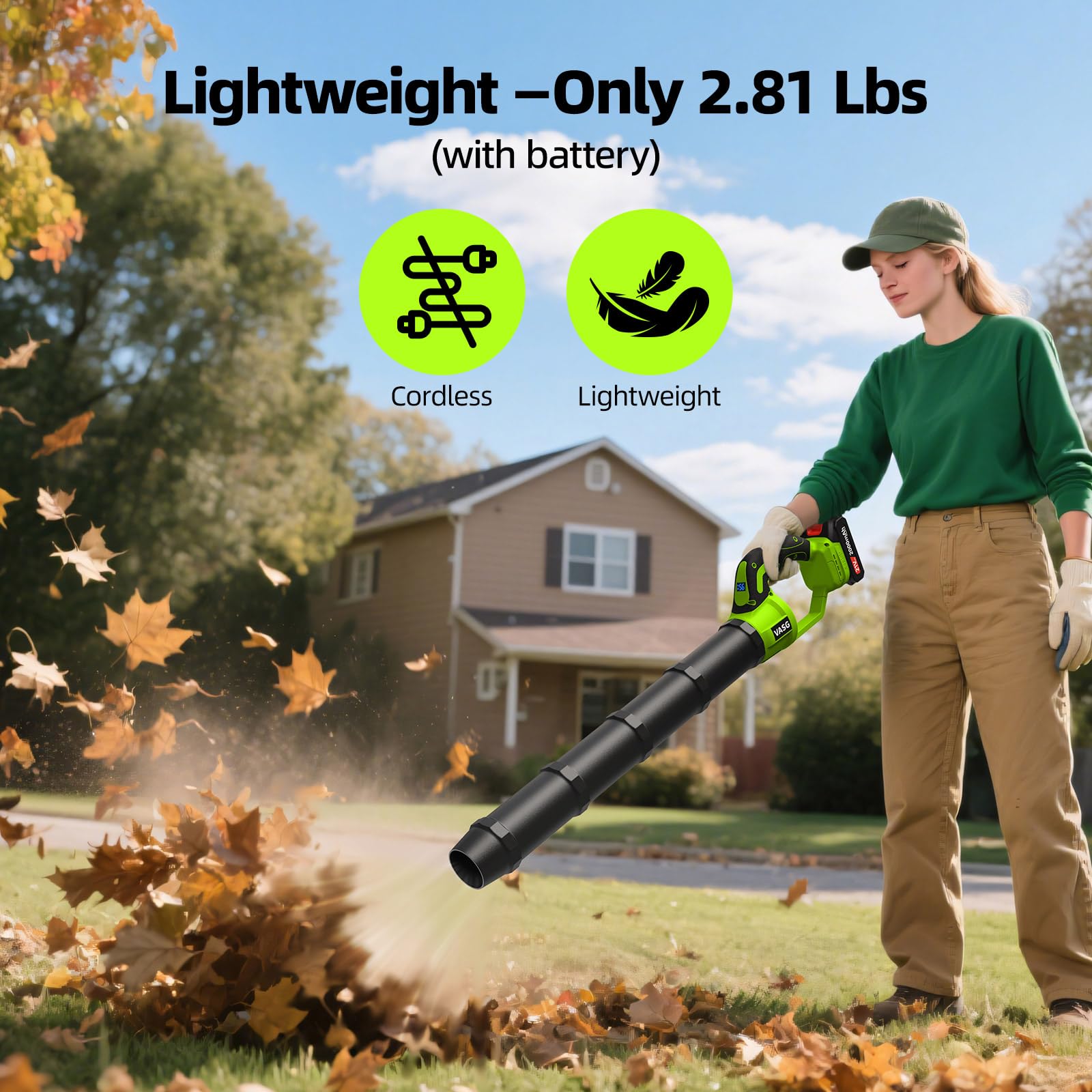VASG leaf blower lightweight design enables easy one-handed operation.