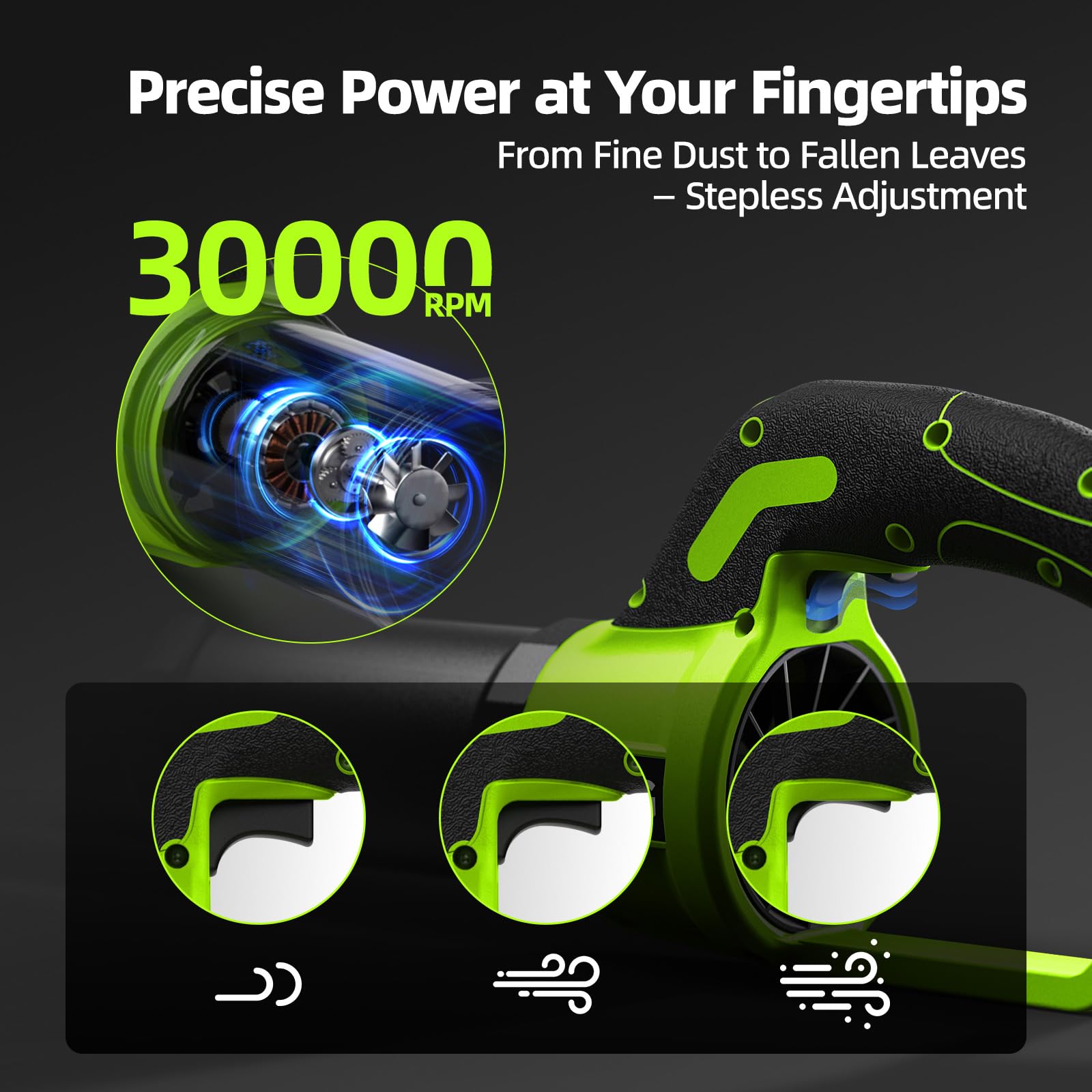 VASG leaf blower stepless speed display shows current power.