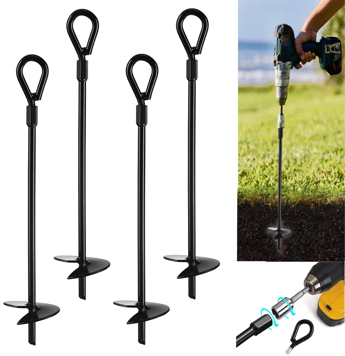 VASGOR 20-inch ground anchors four-pack ready for secure outdoor setup.