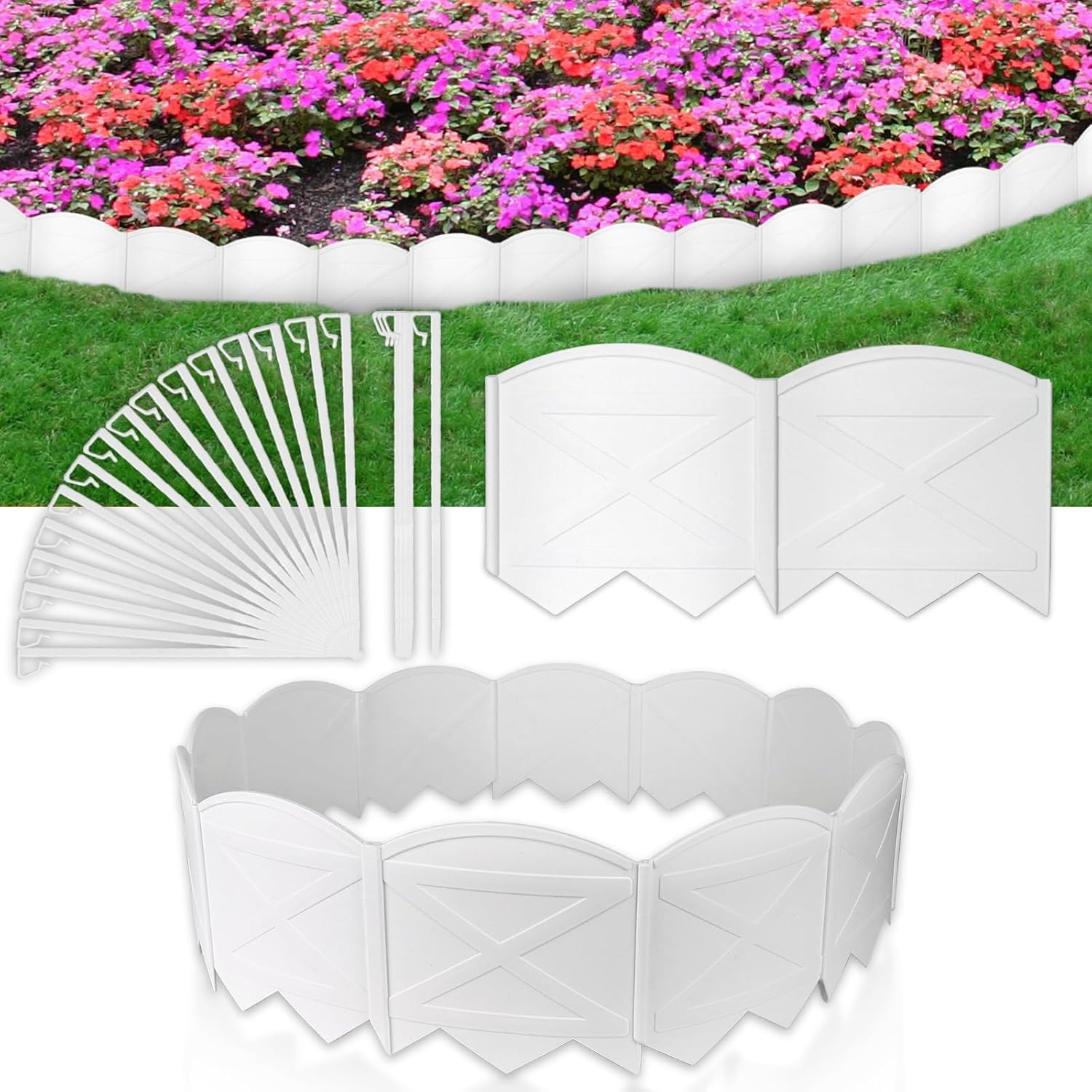 Vashly No-Dig 20ft edging segments create defined lawn borders.