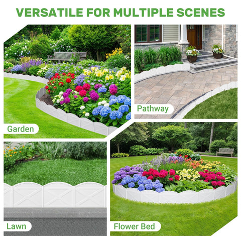 Vashly white edging highlights flower beds with a crisp, tidy edge.