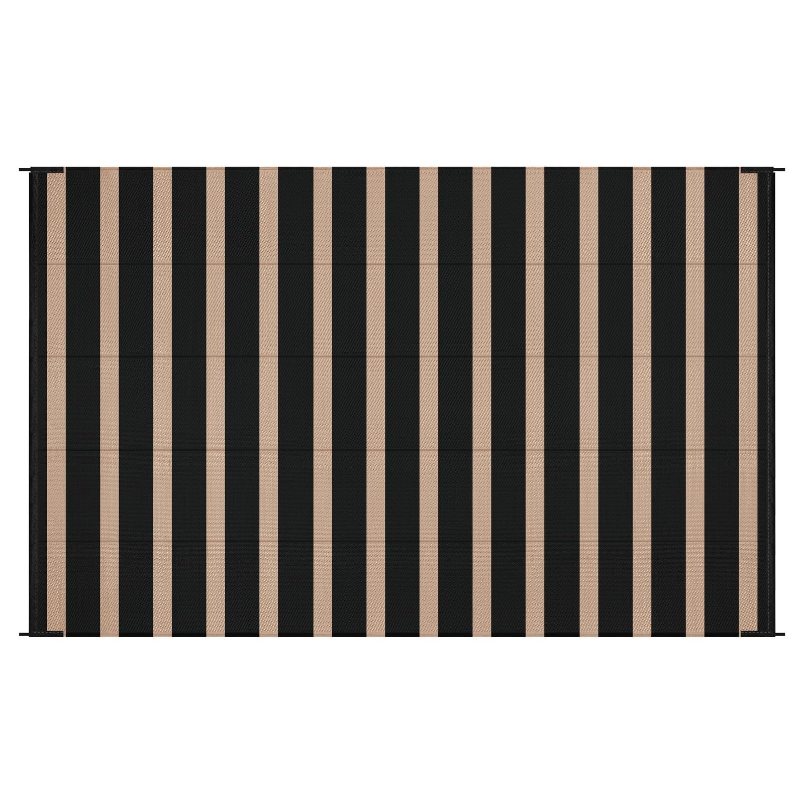 Vaukki black-beige striped outdoor rug resists wear in high-traffic spaces.
