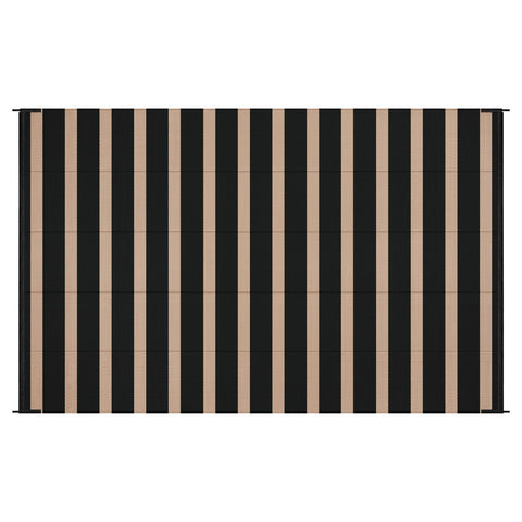 Vaukki black-beige striped outdoor rug resists wear in high-traffic spaces.